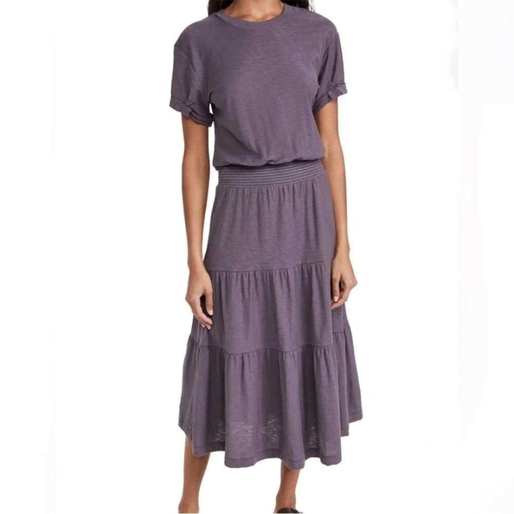 Nation LTD Martine Peasant Pima Cotton Smocked Tiered Midi Dress S Slub Knit